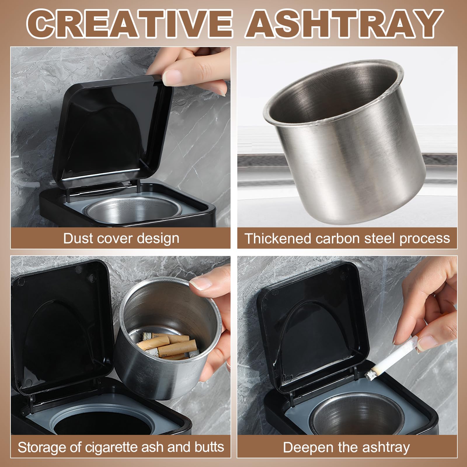 Wall-Hanging Ashtray Can with Brush, Trash Can Ashtray with Lid, Stainless Steel Creative Small Trash Cans with Removable Inner Bucket and Cover