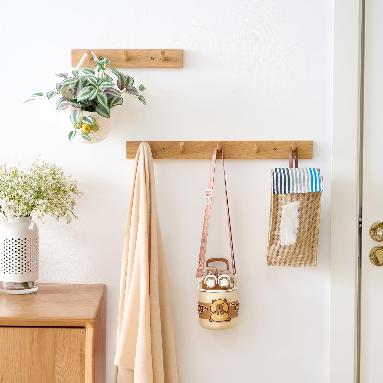 Wooden Coat Rack Wall Mounted, 40cm Hickory Wood Floating Jackets Hooks