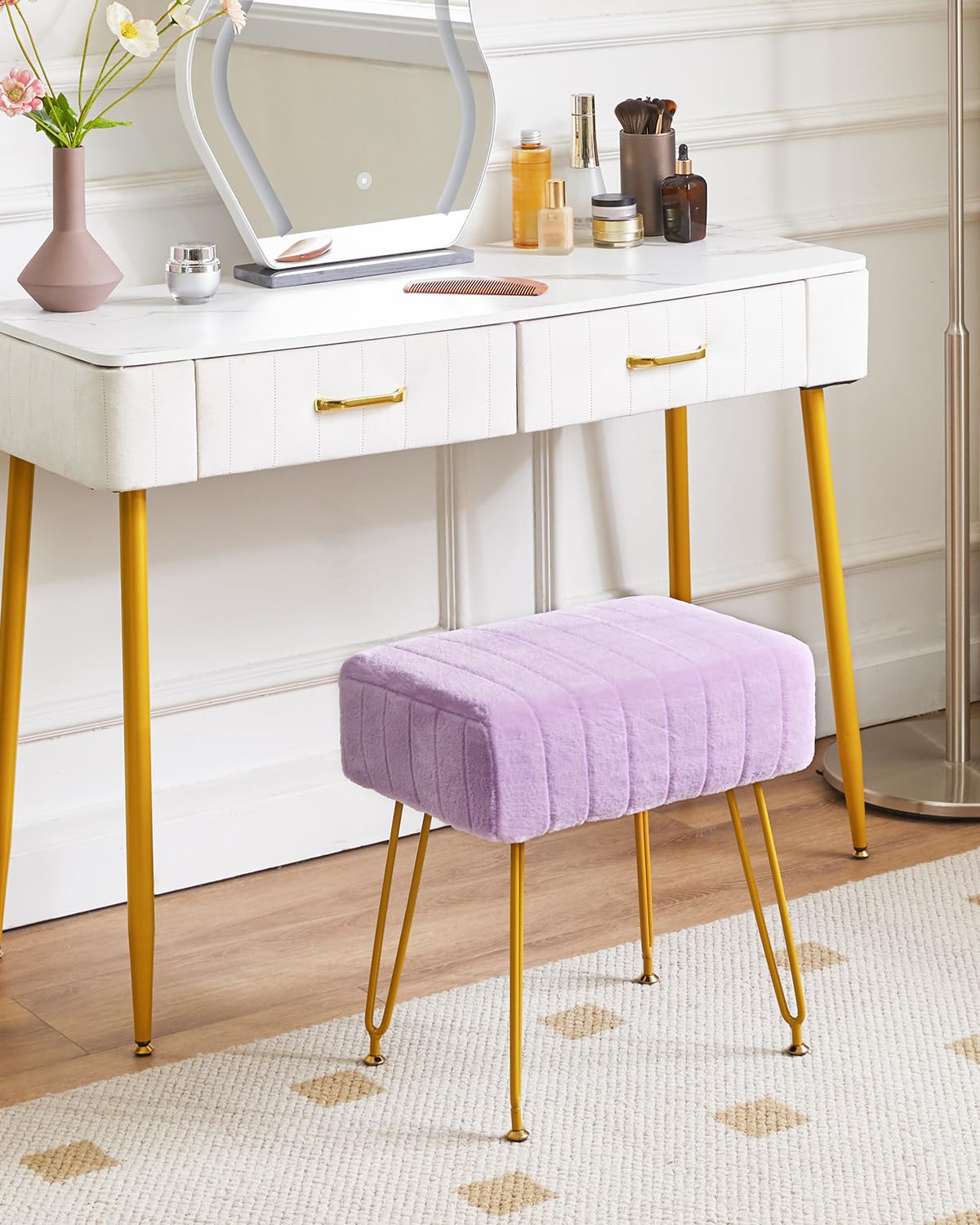 IBUYKE Makeup Vanity Stool, Velvet Rectangular Footrest, Purple L/G-51V