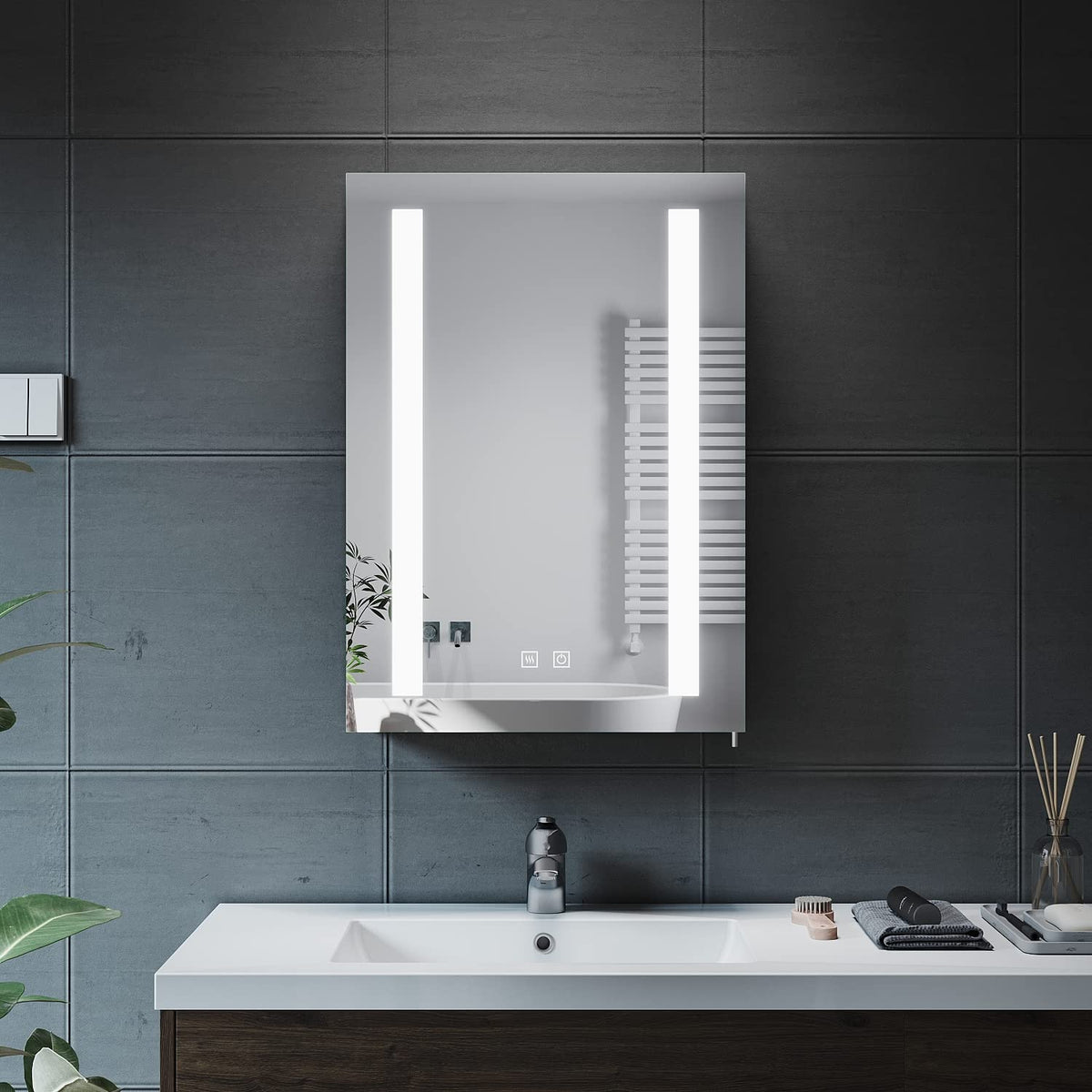 ELEGANT Bathroom Mirror Cabinet with Shaver Socket and Led Lights, Black Single Door Mirrored Bathroom Wall Cabinets with Demister Pad Dimmer Switch