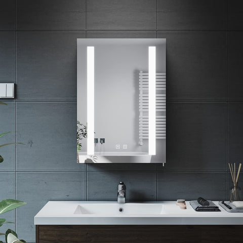 ELEGANT Bathroom Mirror Cabinet with Shaver Socket and Led Lights, Black Single Door Mirrored Bathroom Wall Cabinets with Demister Pad Dimmer Switch
