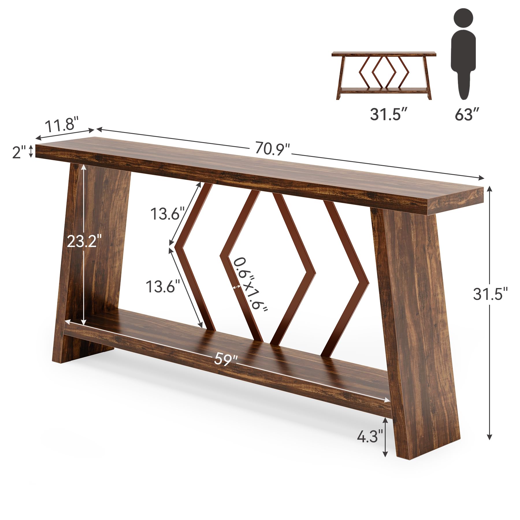 LITTLE TREE 70.9 Inch Console Table, Long Sofa Table Behind Sofa, Farmhouse Console with Shelf as Entrance Area, Living Room, Hallway