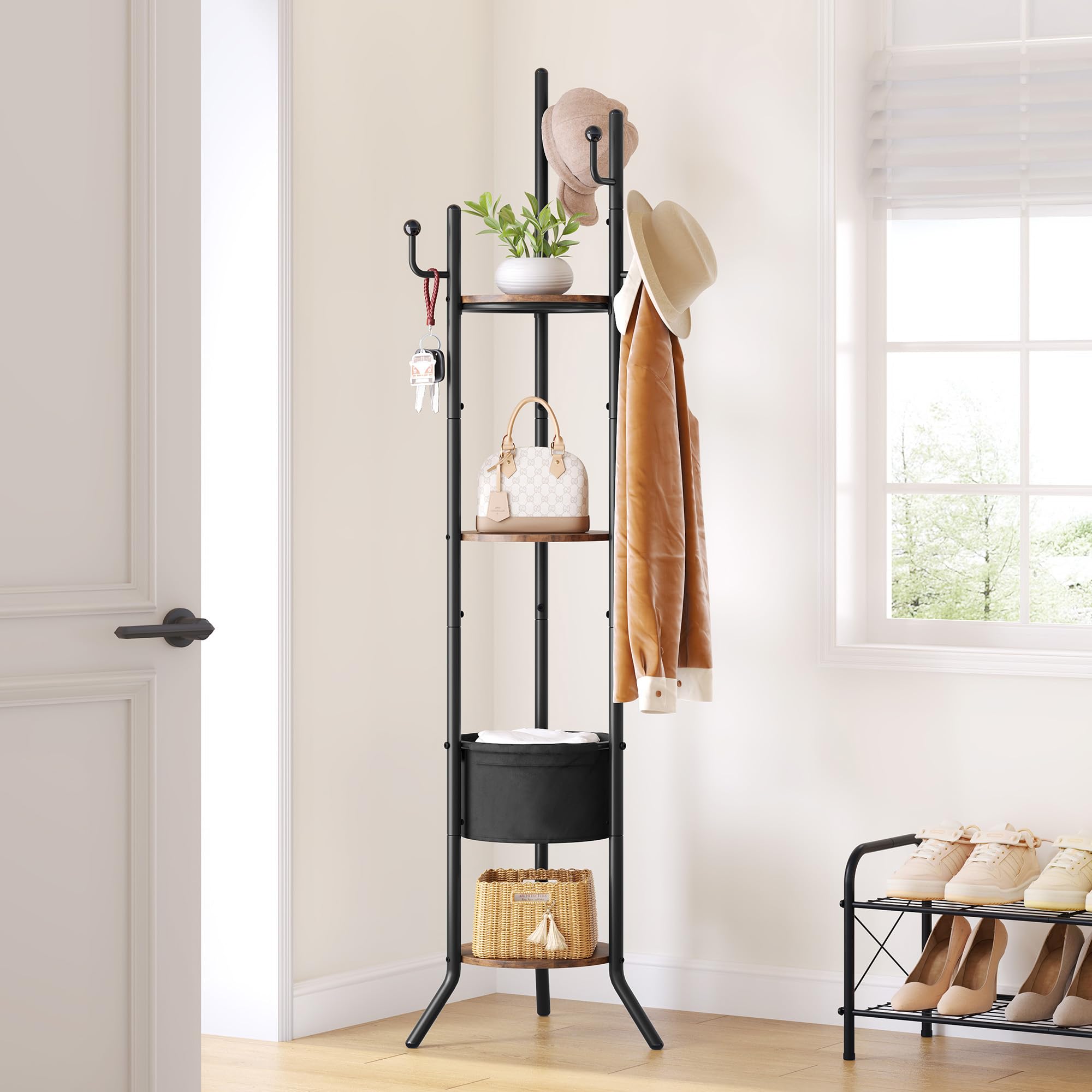 Hoctieon Coat Rack Freestanding, Round Coat Rack with 3 Wooden Shelves and 1 Fabric Basket, Metal Clothes Tree with 5 Hooks