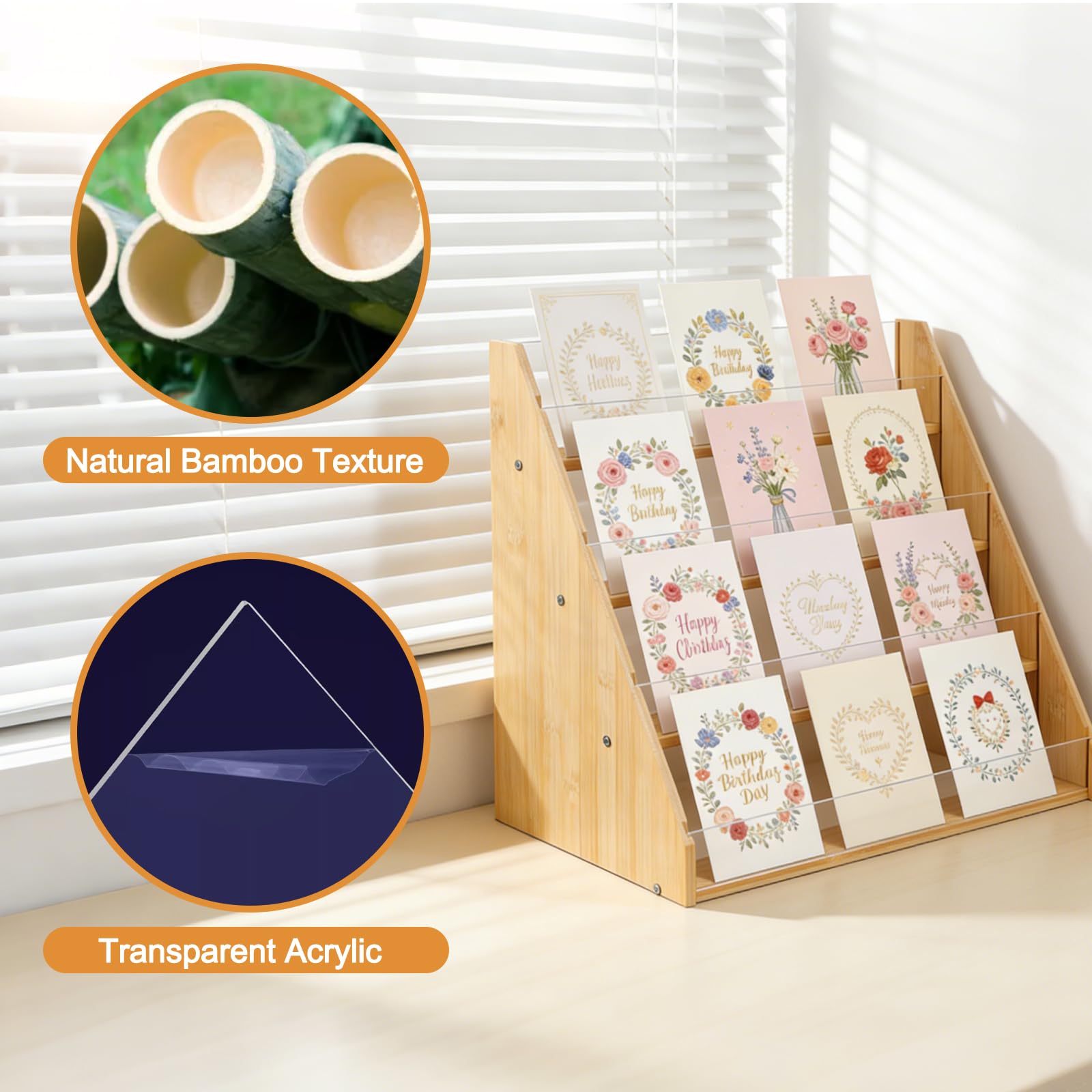 Worephu Premium 4-Tier Bamboo Acrylic Card Rack, Space-Saving Display Stand for Postcards, Greeting Cards, Brochures & Picture