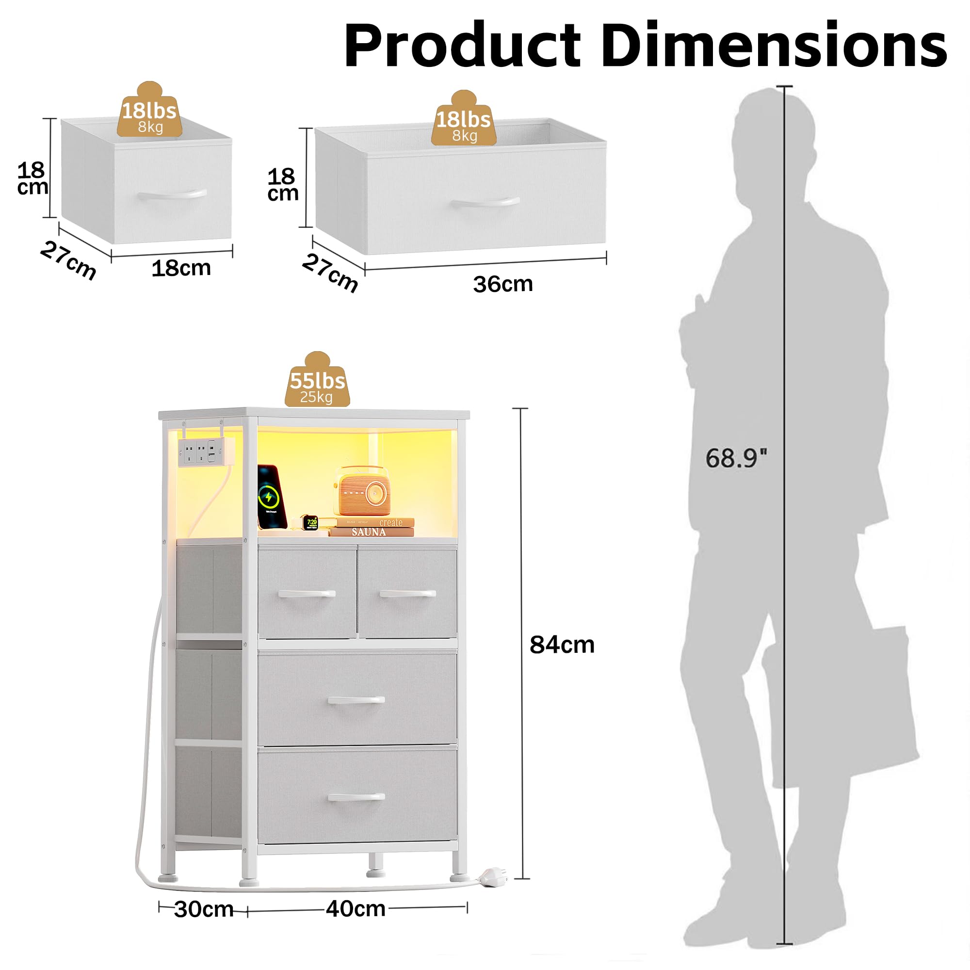 Flrrtenv Bedside Table with Charging Station, 4 Drawers Bedside Cabinet for Bedroom, LED Nightstand with Storage Shelf
