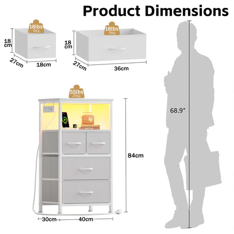 Flrrtenv Bedside Table with Charging Station, 4 Drawers Bedside Cabinet for Bedroom, LED Nightstand with Storage Shelf