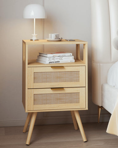 JERX Rattan Bedside Table, Farmhouse Nightstand with 2 Storage Drawer and Open Wood Shelf, for Bedroom and Small Spaces
