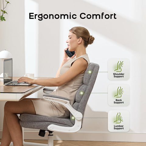 LukkDys Ergonomic Office Chair with 3-Stage Back Support, Executive Fabric Desk Chair with Flip-up Armrests