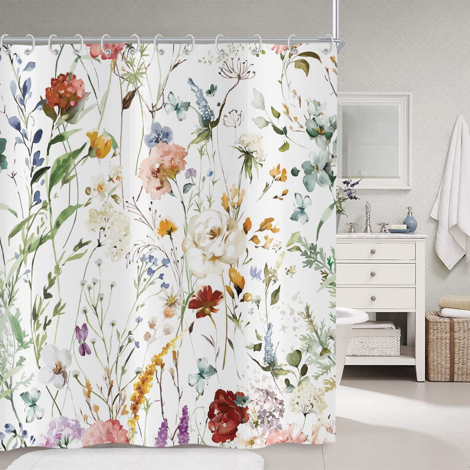 Hnmdmyi Floral Shower Curtain 180x180, Watercolor Colorful Flower Plant Butterfly Wildflowers Blossom Bathroom Curtains with Hooks Waterproof