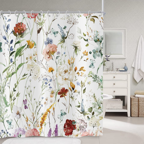 Hnmdmyi Floral Shower Curtain 180x180, Watercolor Colorful Flower Plant Butterfly Wildflowers Blossom Bathroom Curtains with Hooks Waterproof