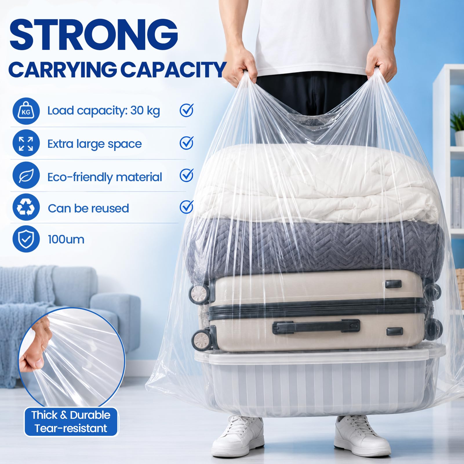 Extra Large Clear Plastic Storage Bags10PCS, 130*130 Etc Size Heavy Duty Waterproof Large Plastic Bags 100μm with 6 Cable Ties, 4 Straps