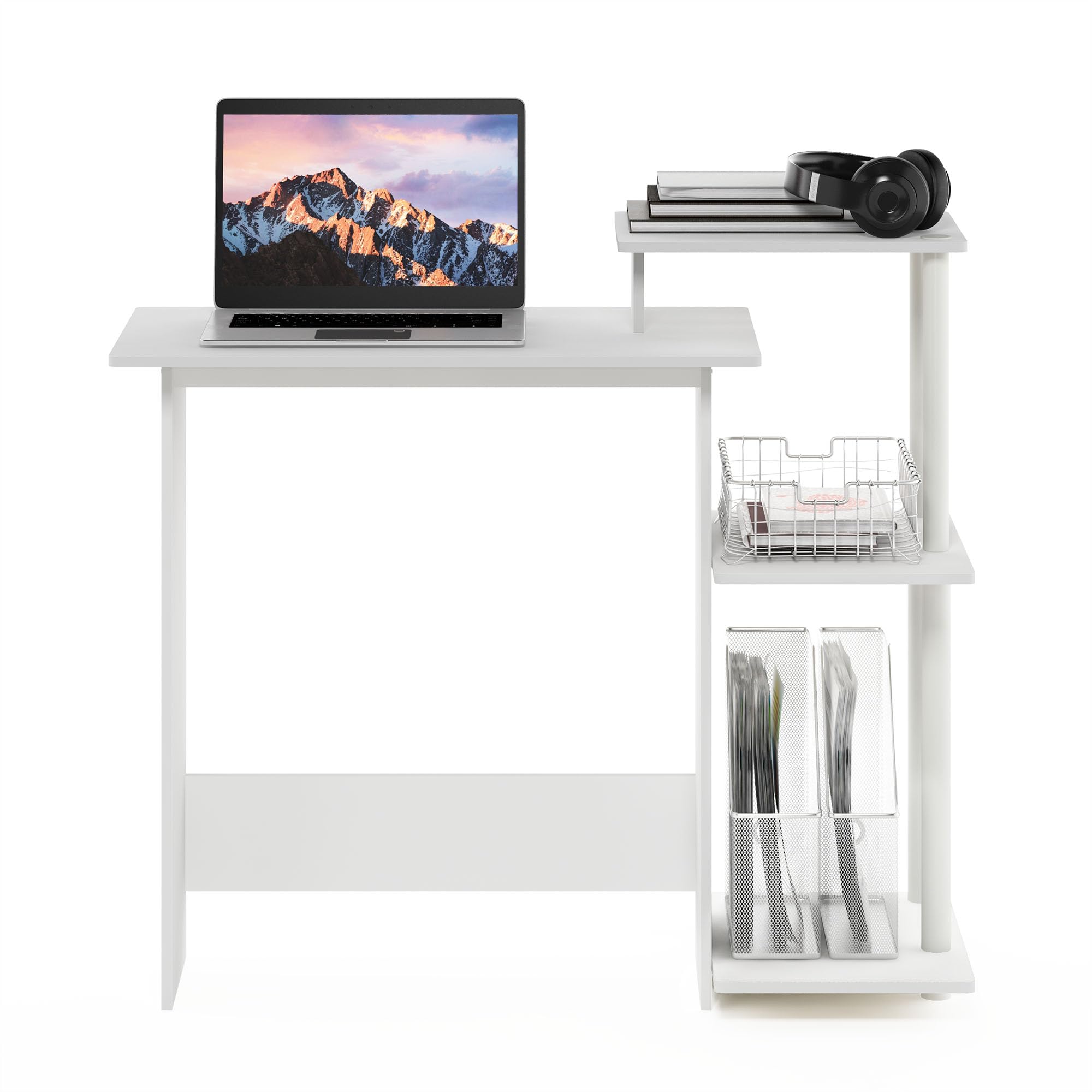 Furinno EFFICIENT Desk, Gaming Desk, with 3 Open Side Shelves, Laptop Notebook Computer Desk,Office Desk for Home Office, Study Room, Dorm, White