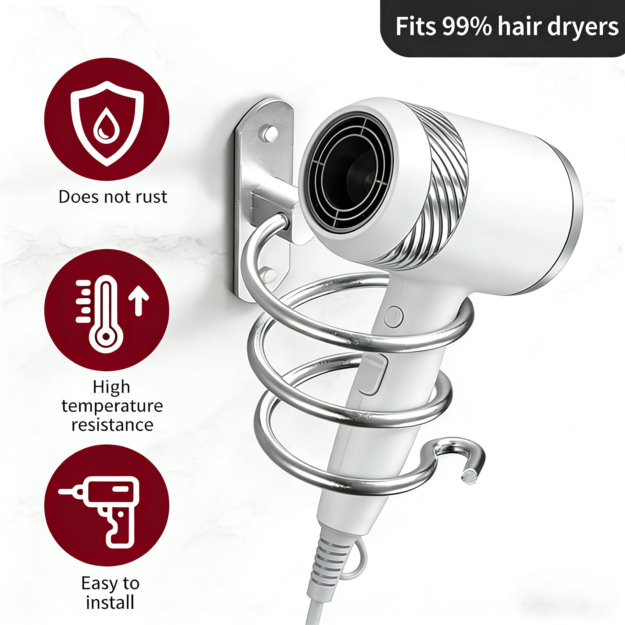 Wall Mounted Hair Dryer Holder with Screws,Heavy-Duty Blow Dryer Stand for Bathroom,Secure Storage for Hair Styling Tool,Easy Installation with