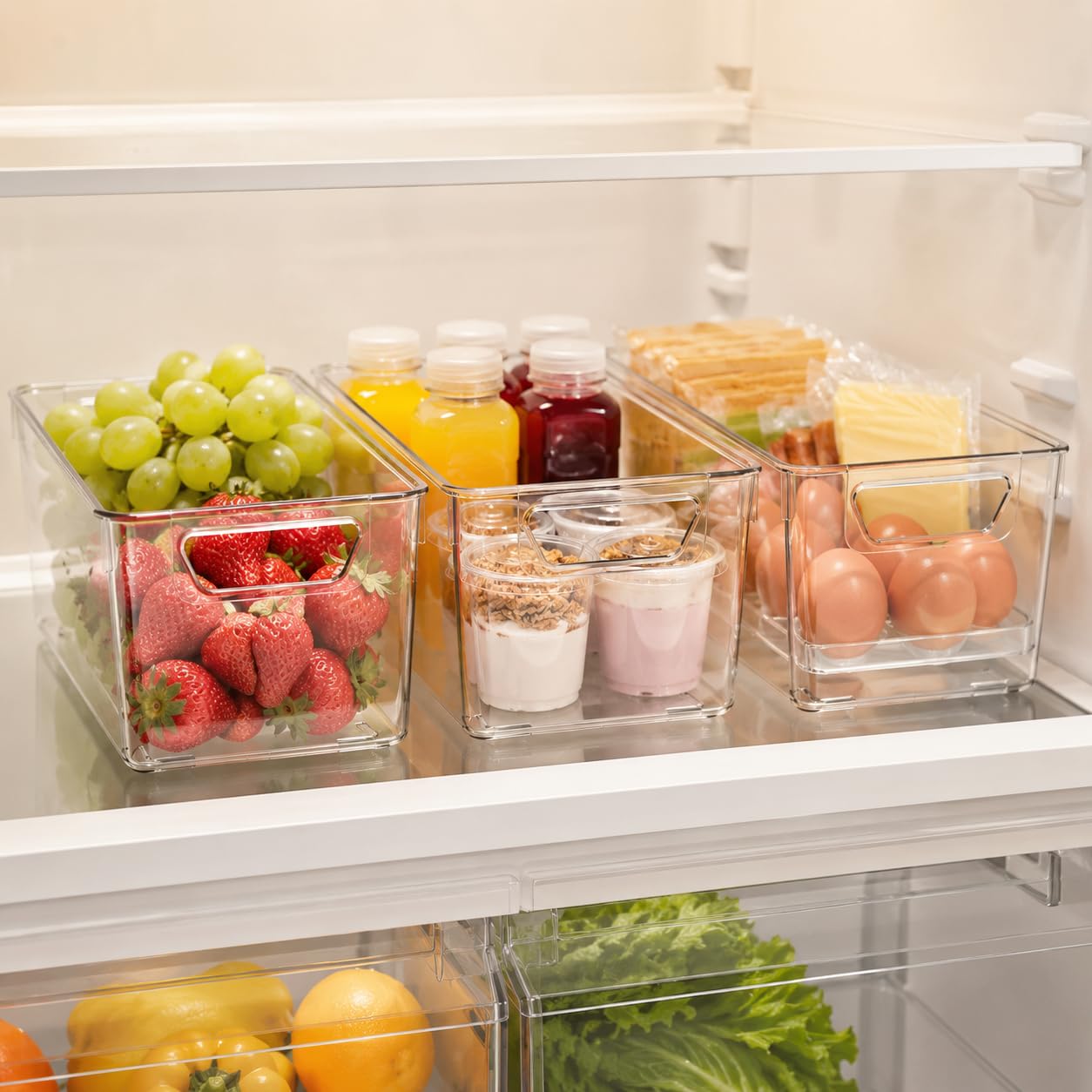 Sydroya 4 Pack Clear Plastic Storage Bins, Pantry Organiser Bins with Handle for Fridge, Kitchen, Cupboard Organization, Refrigerator, Countertop