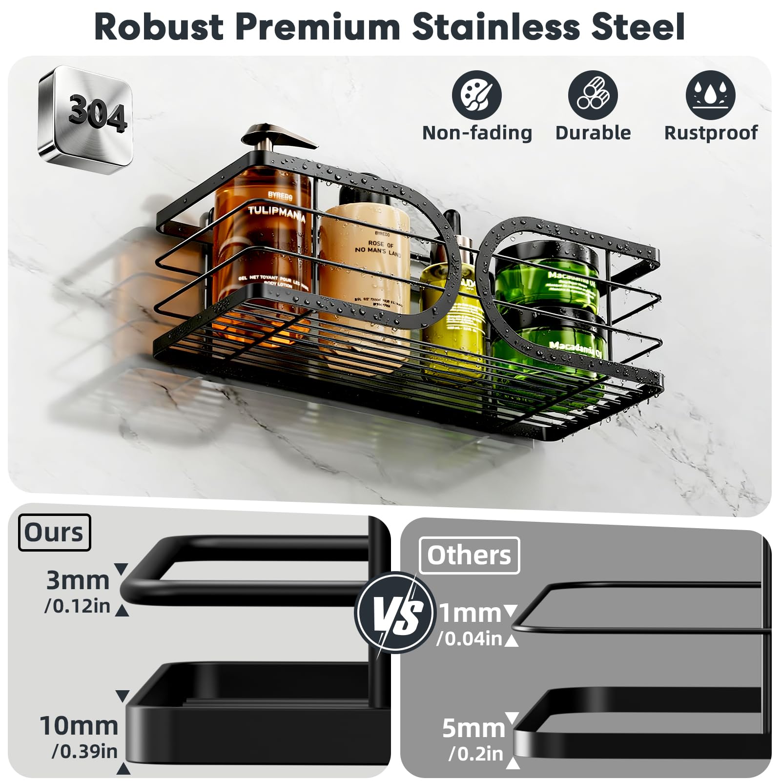 Adurei Shower Caddy 3 Pack with Soap Holder No Drill Wall Mounted 304 Stainless Steel Durable Large Capacity Adhesive Shower Rack Organiser Quick Dry
