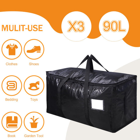 3 Pack 90L Moving Bags, Heavy Duty Storage Bags Dorm Moving Essential,Black