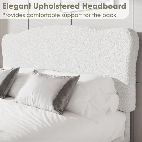 Luxurious Cuddly Bouclé Ottoman Double Bed Frame 82.1"Lx60.3"Wx41.3"H, Gas Lift Storage, Soft Fabric Sherpa Grand Panel Headboard