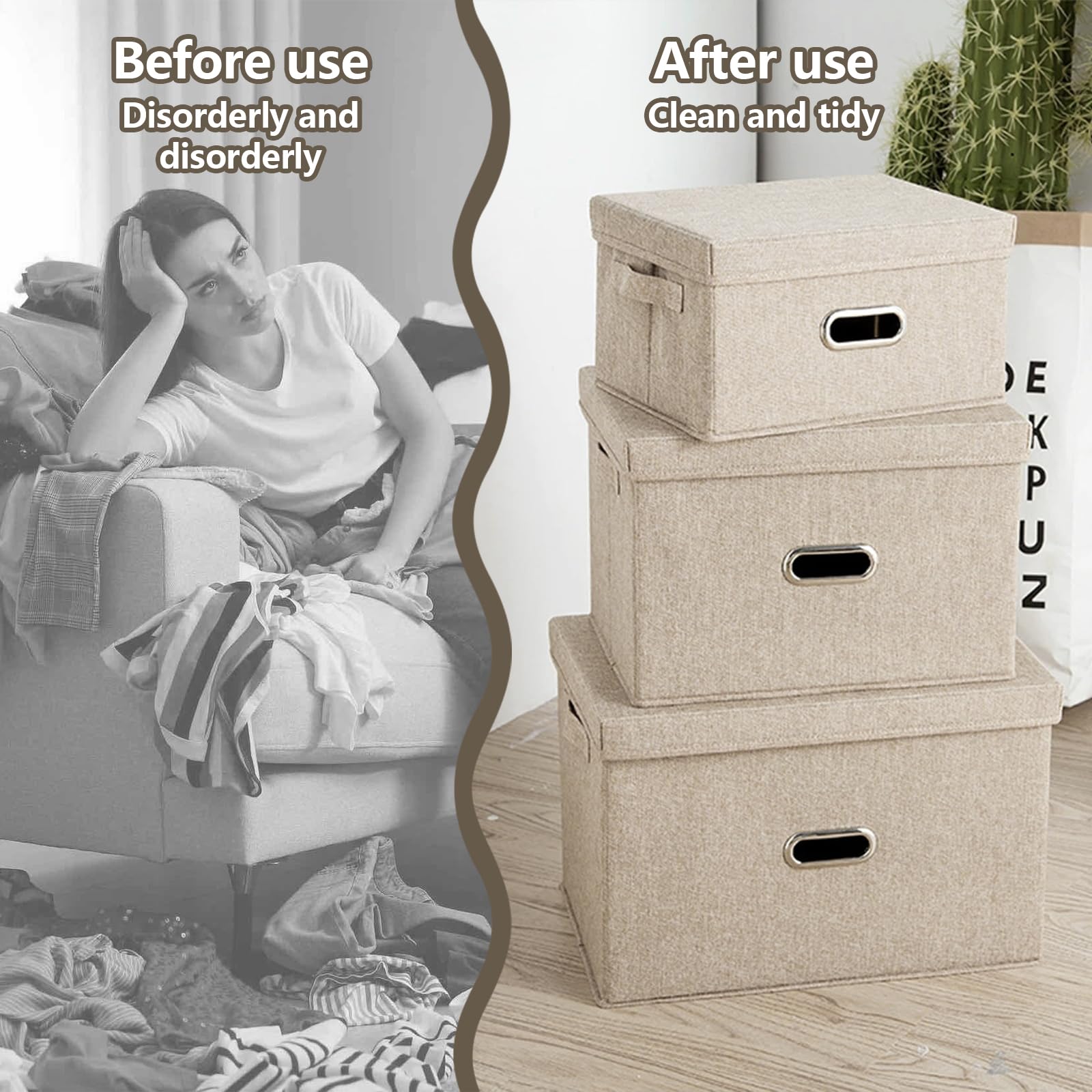 CHUNGG 3 PCS Large Fabric Storage Boxes with Lid, Wardrobe Organiser Cube Boxes with Handle with Lids