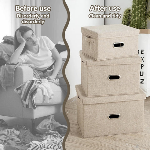 CHUNGG 3 PCS Large Fabric Storage Boxes with Lid, Wardrobe Organiser Cube Boxes with Handle with Lids