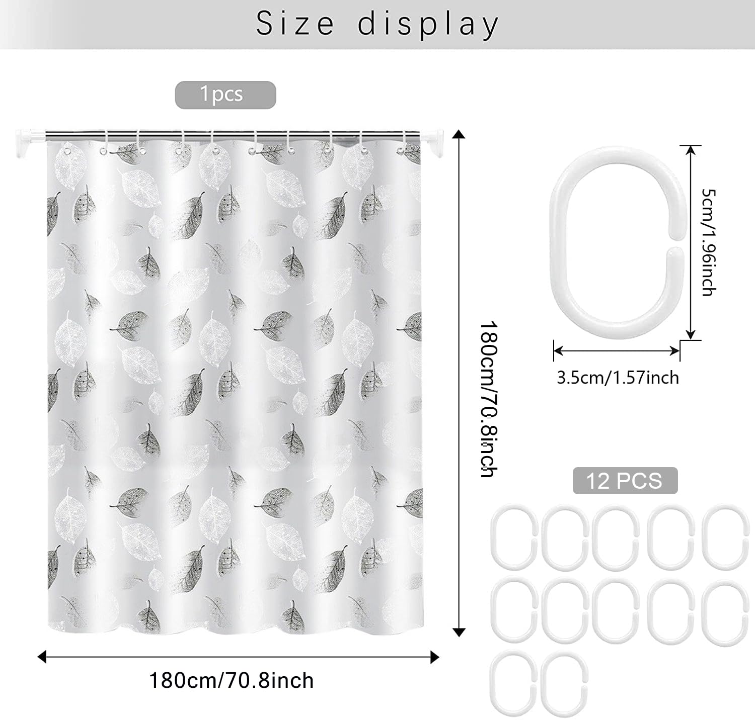 WOODFIB Shower Curtain, 100% PEVA Waterproof Anti-Mould Proof Resistant, Quick-Drying, Washable Bathroom Curtain, Includes 12 Pcs Curtain Hooks