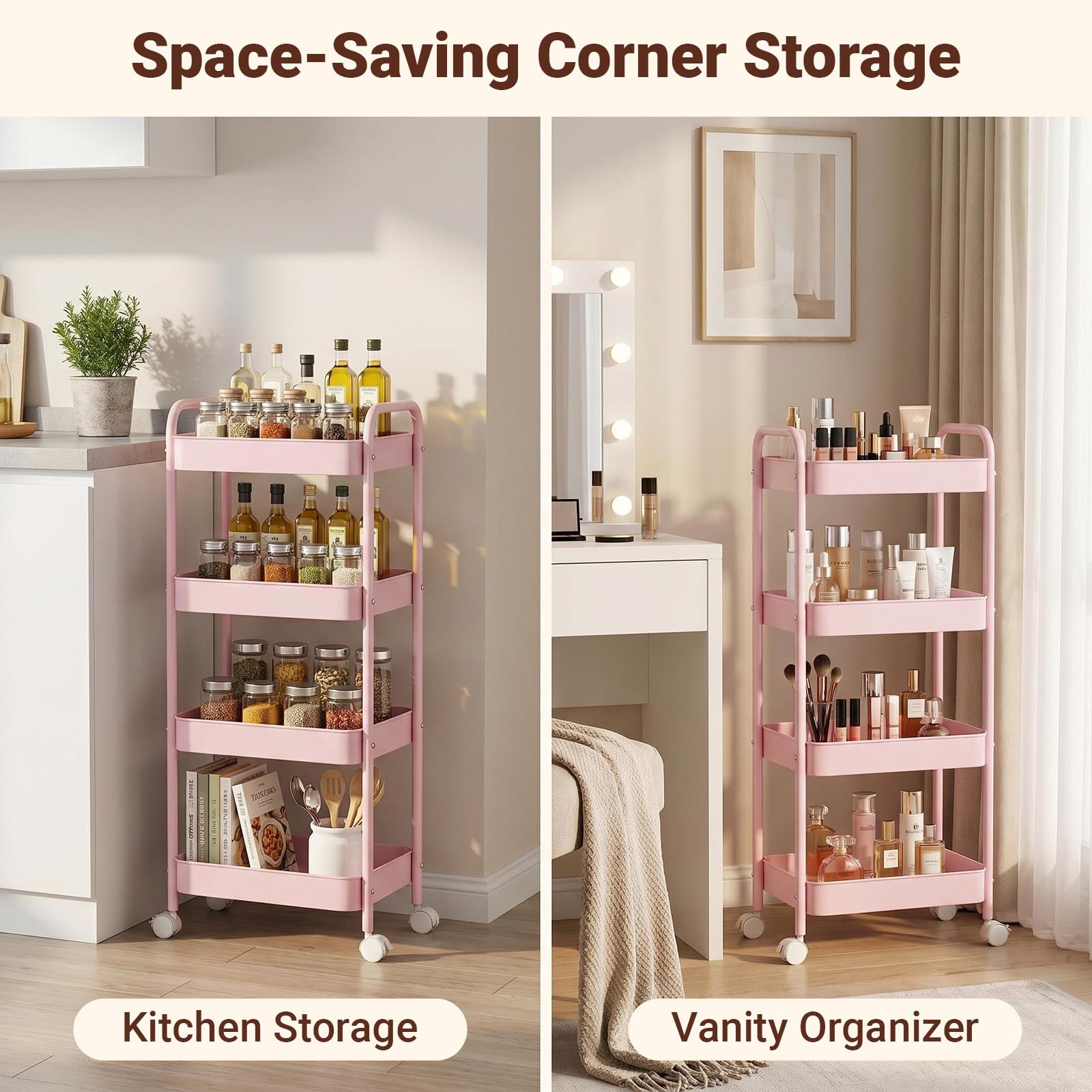 CHUNGG Bathroom Storage 4 Tier Beauty Trolley on Wheels, Mobile Kitchen Trolley with Hooks & Handle, Metal Rolling Utility Cart for Home