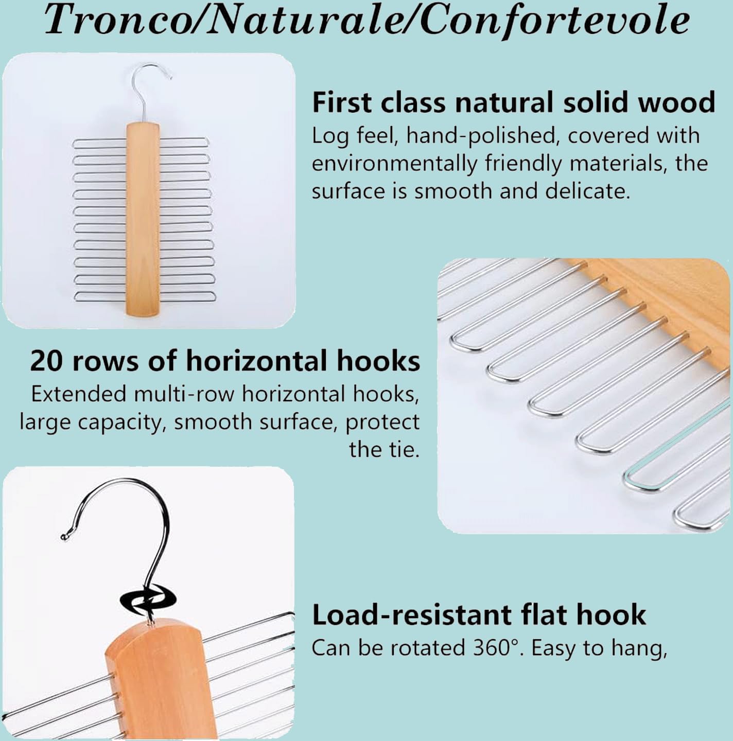 BOBOZHONG Wooden Tie Hanger for Wardrobe – 20 Non-Slip Chrome Bars Tie Organiser & Belt Rack with 360° Swivel Hook, Space-Saving Storage for Ties