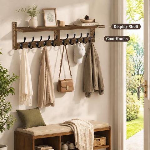 Coat Rack Wall Mounted, 87cm Wooden Extra-Long Wall Hook Rack with Shelf, Set of 2 Coat Hooks with 10 Hooks for Hanging Coats Hats Scarves