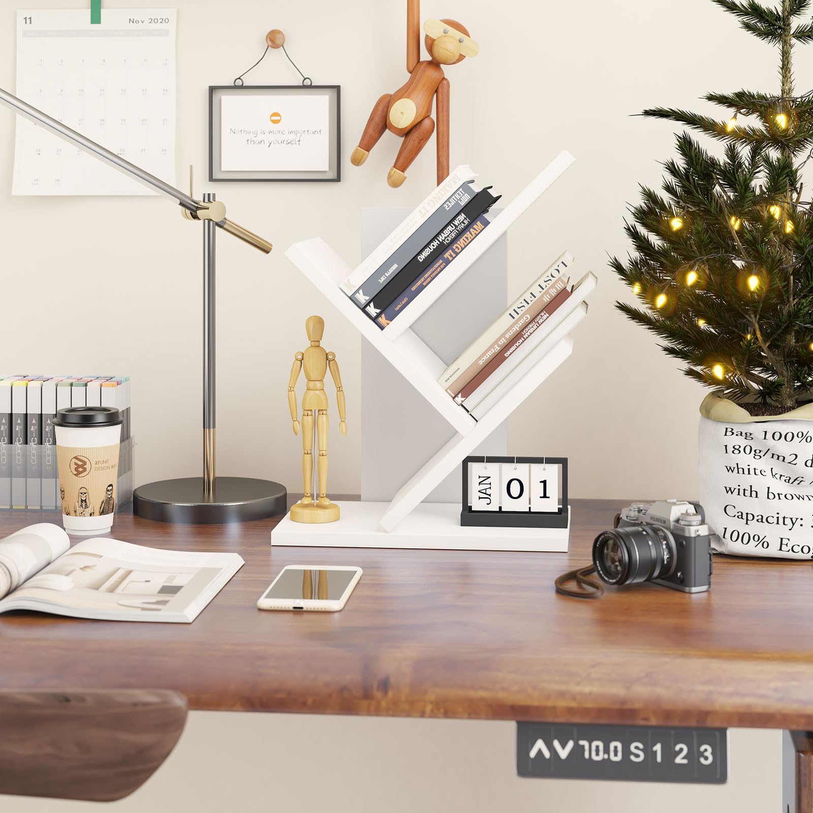 YMYNY 2 Tier Tree Bookshelf, Small Bookcase, Modern Wood Book Storage Rack Organizer, Freestanding Book Shelf for Books/Movies/CDs
