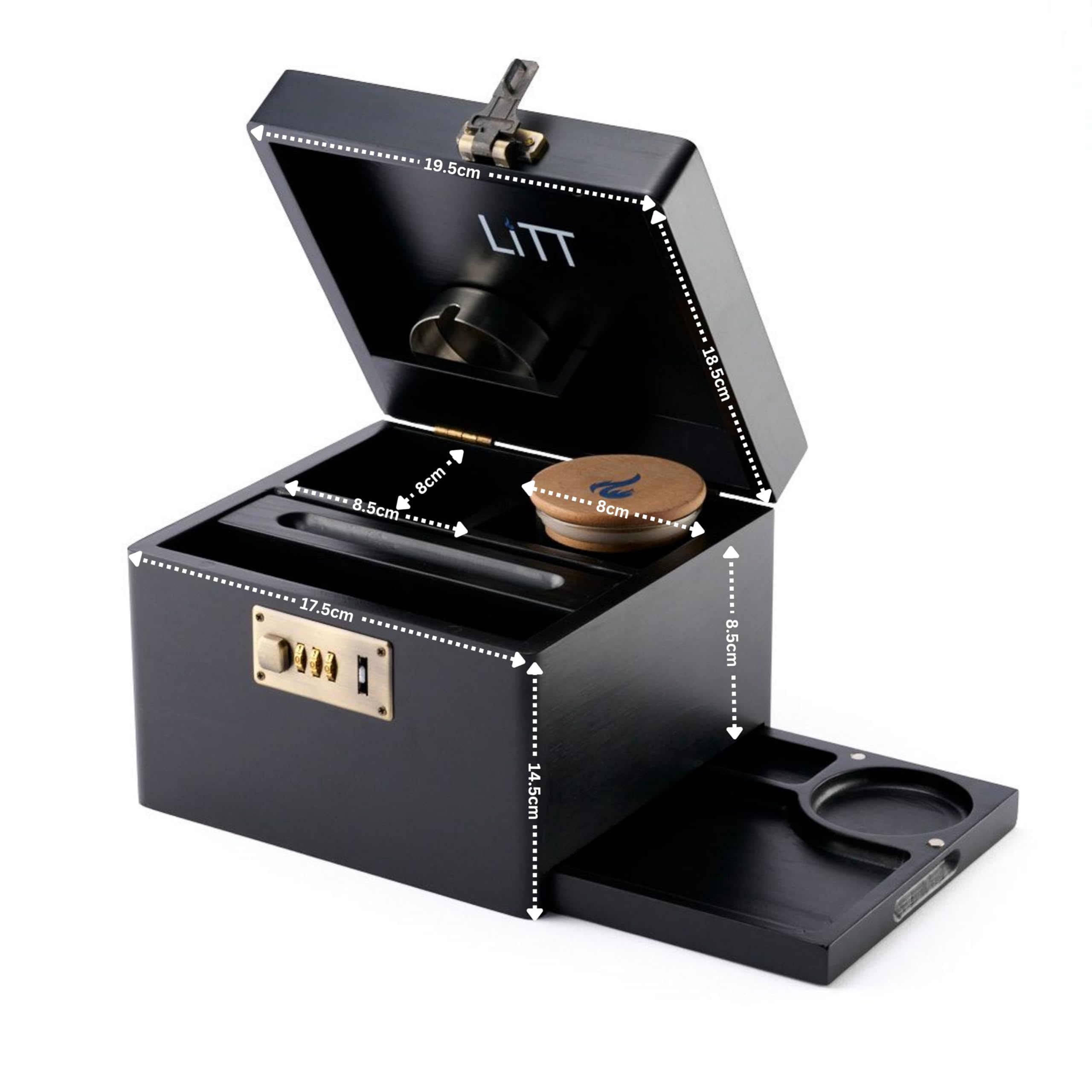 LITT - Premium Wooden Combination Lock Storage Stash Box Set with Glass Jar, Hidden Tray, and Storage Box (Black)