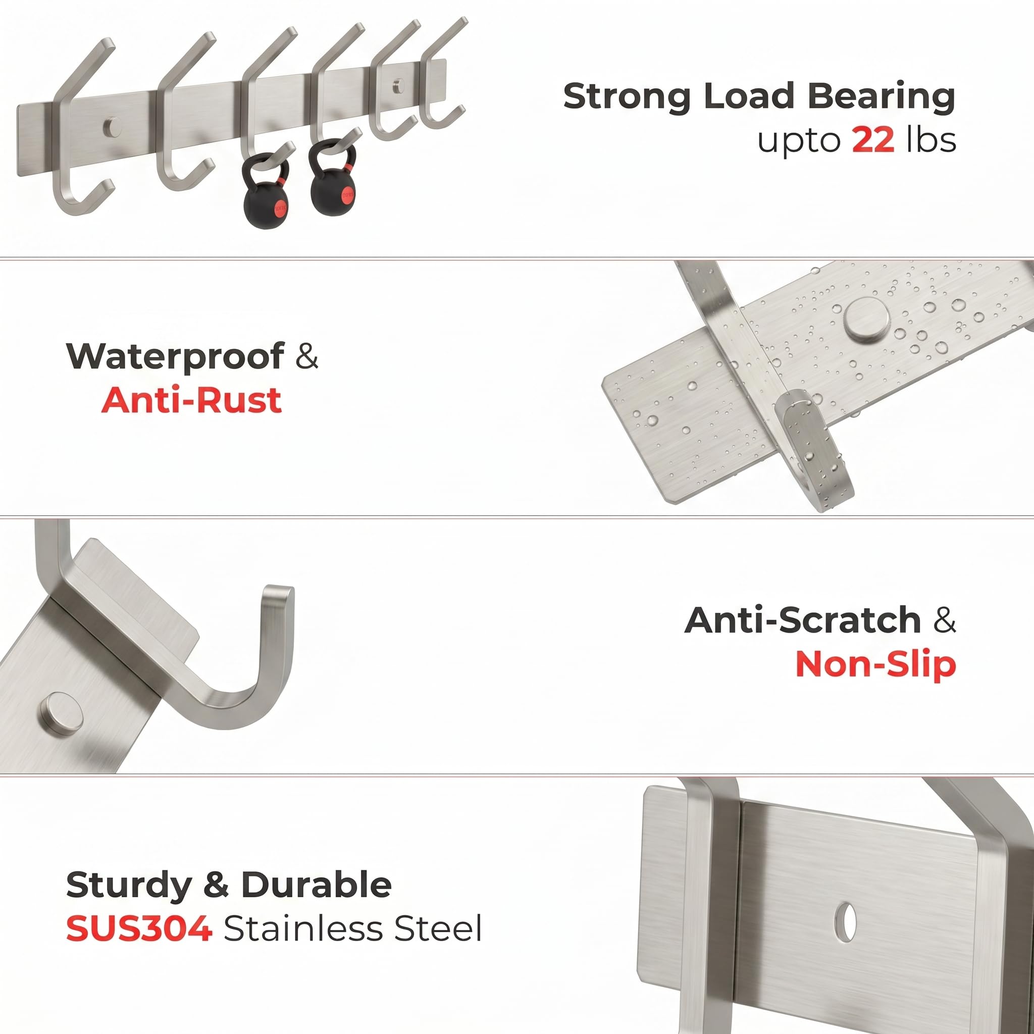 SAYONEYES Coat Rack Wall Mount with 6 Coat Hooks for Hanging - 17 Inch Heavy Duty SUS304 Stainless Steel Brushed Finish Waterproof