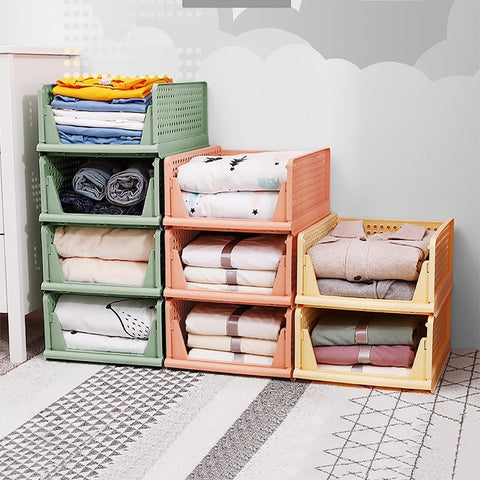 Set of 4 Stackable Foldable Wardrobe Storage Box Organizer (Easy Open and Folding), Plastic Cabinet Basket Shelves Closet Organiser Box