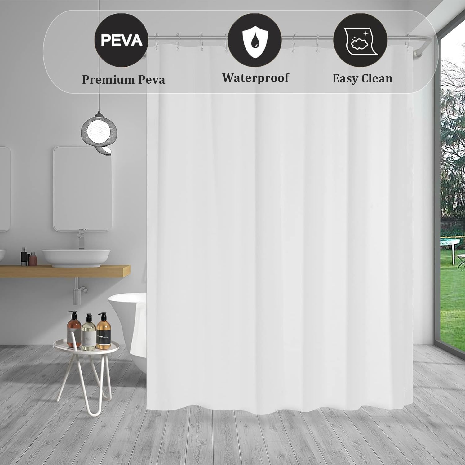 qisheng Shower Curtain for Bathroom - Mould and Mildew Resistant - White, 180 x 180 cm (71 x 71 Inch) 100% PEVA