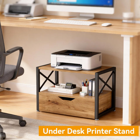 IBUYKE 2 Tier Desktop Printer Stand,Multi-Purpose Desk Organizer,Wooden Printer Stand with Drawer Storage for Folders,Books,for Fax Machine