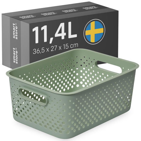 SmartStore Storage Basket with Handles in Green 11.4L (36.5x27x15cm) | Plastic Storage Bin from Recycled Plastic
