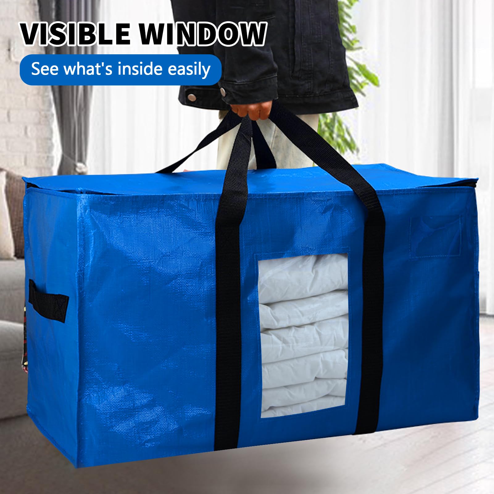 HonorHut Navy Storage Bag 100 L 4 Pack Water Resistant Moving Bag with Zip Lid Handles Clear Window