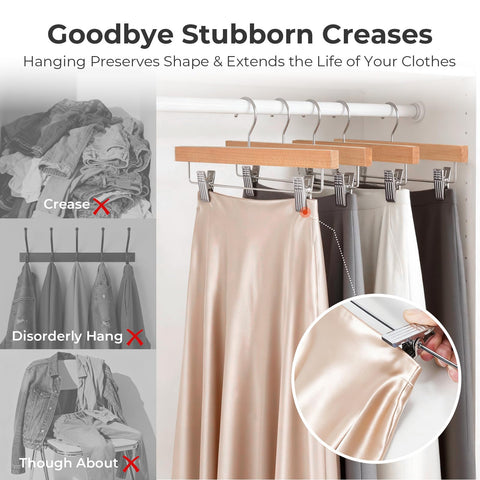 HOUSE DAY Premium Wooden Pants Hangers 15 Pack, Solid Lotus Wood Skirt Hangers with 2-Adjustable Clips