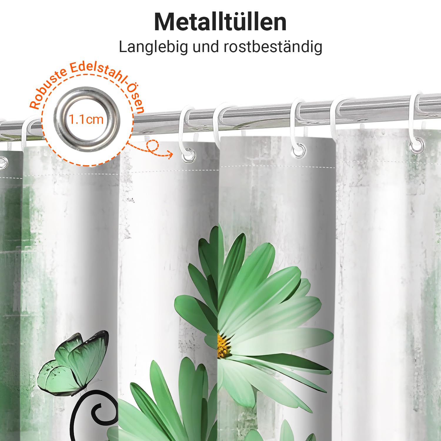 Shower Curtain, 180 x 200 cm, Green Daisies Butterflies Motif, Weighted Hem, Anti-Mould, Water-Repellent
