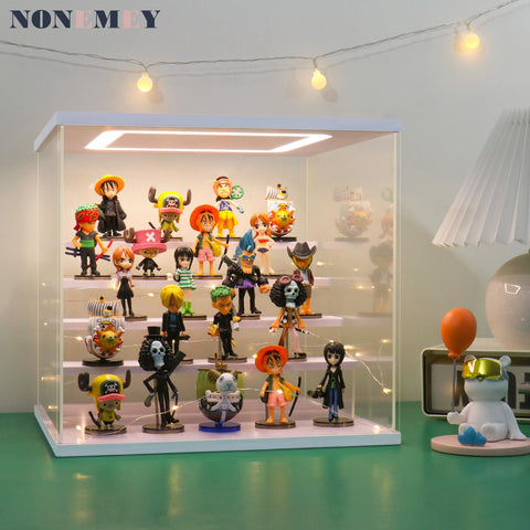 NONEMEY Clear Acrylic Display Case Stand with LED Light 2/3/4/5/6 Tier Storage Box Showcase Dustproof Organizer Box for Collectibles