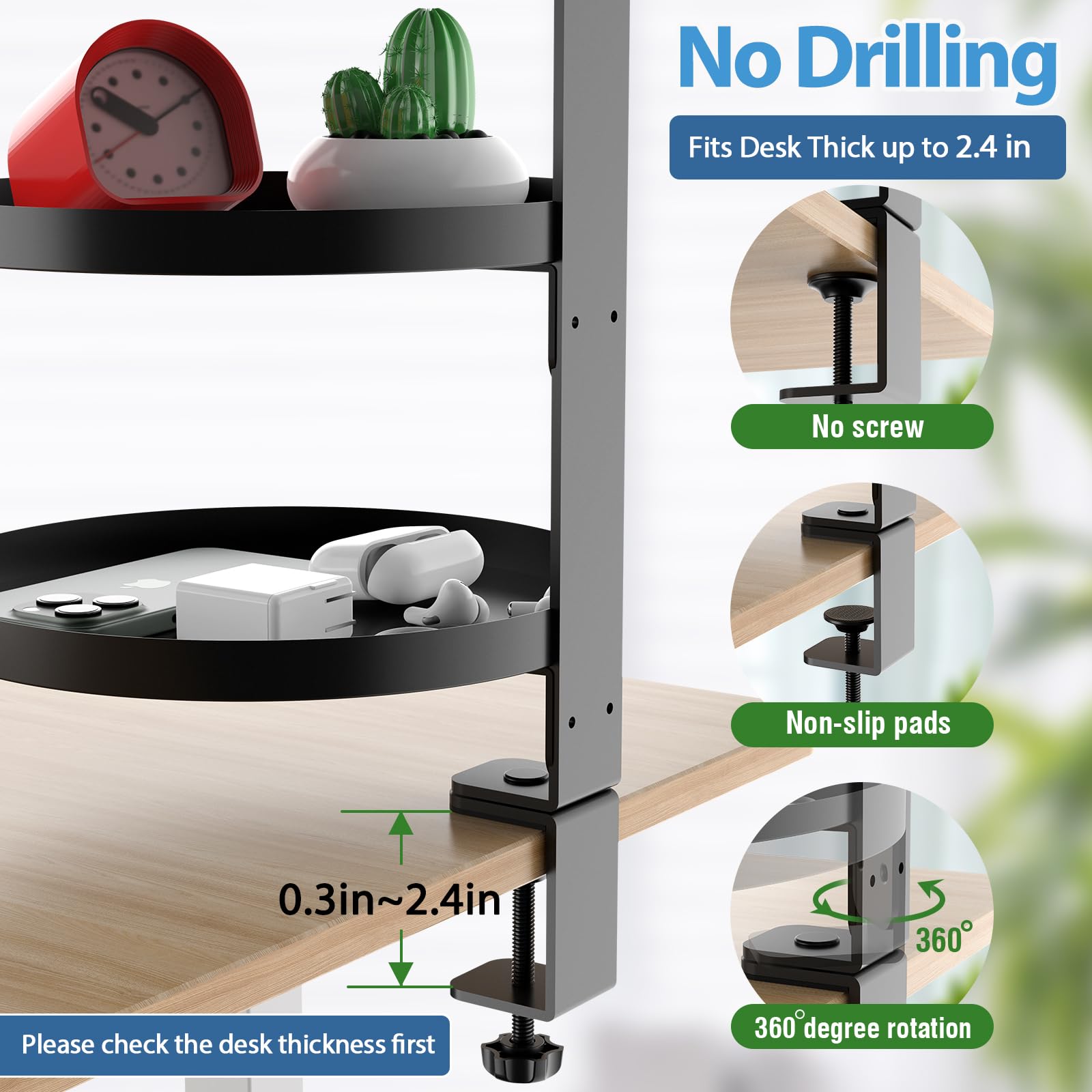 ROLIZOE 3 Tier Clamp On Desk Shelf Organiser with 25cm Adjustable Metal Storage Tray Above or Under Desk Storage 360 Rotating Shelving Rack No