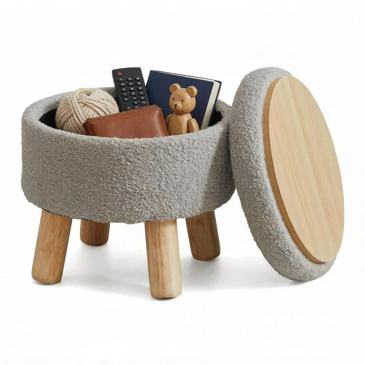 13 Inch Round Storage Stool With Lid, Teddy Fleece Footstool With Storage, Padded Pouffe With Solid Wood Legs