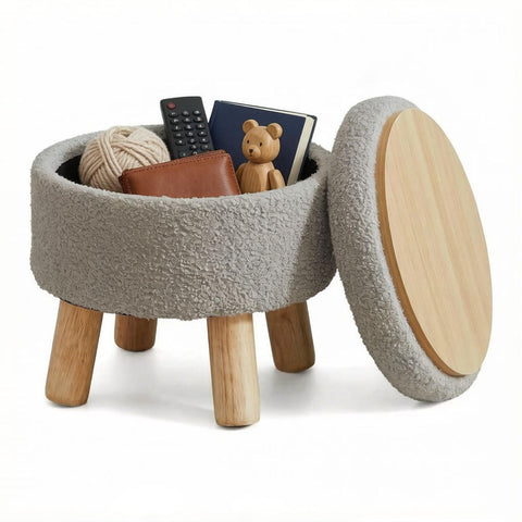 13 Inch Round Storage Stool With Lid, Teddy Fleece Footstool With Storage, Padded Pouffe With Solid Wood Legs