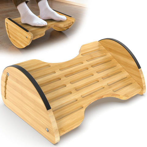 Under Desk Foot Rest,2-in-1 Adjustable Ergonomic Footrest for Office & Home,Bamboo Foot Stool with 6 Heights,Rocking & Flat Modes-Anti-Slip