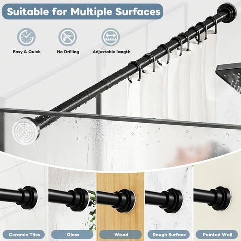 Shower Curtain Pole, 84-206cm Shower Curtain Rail, Tension Rod,Black
