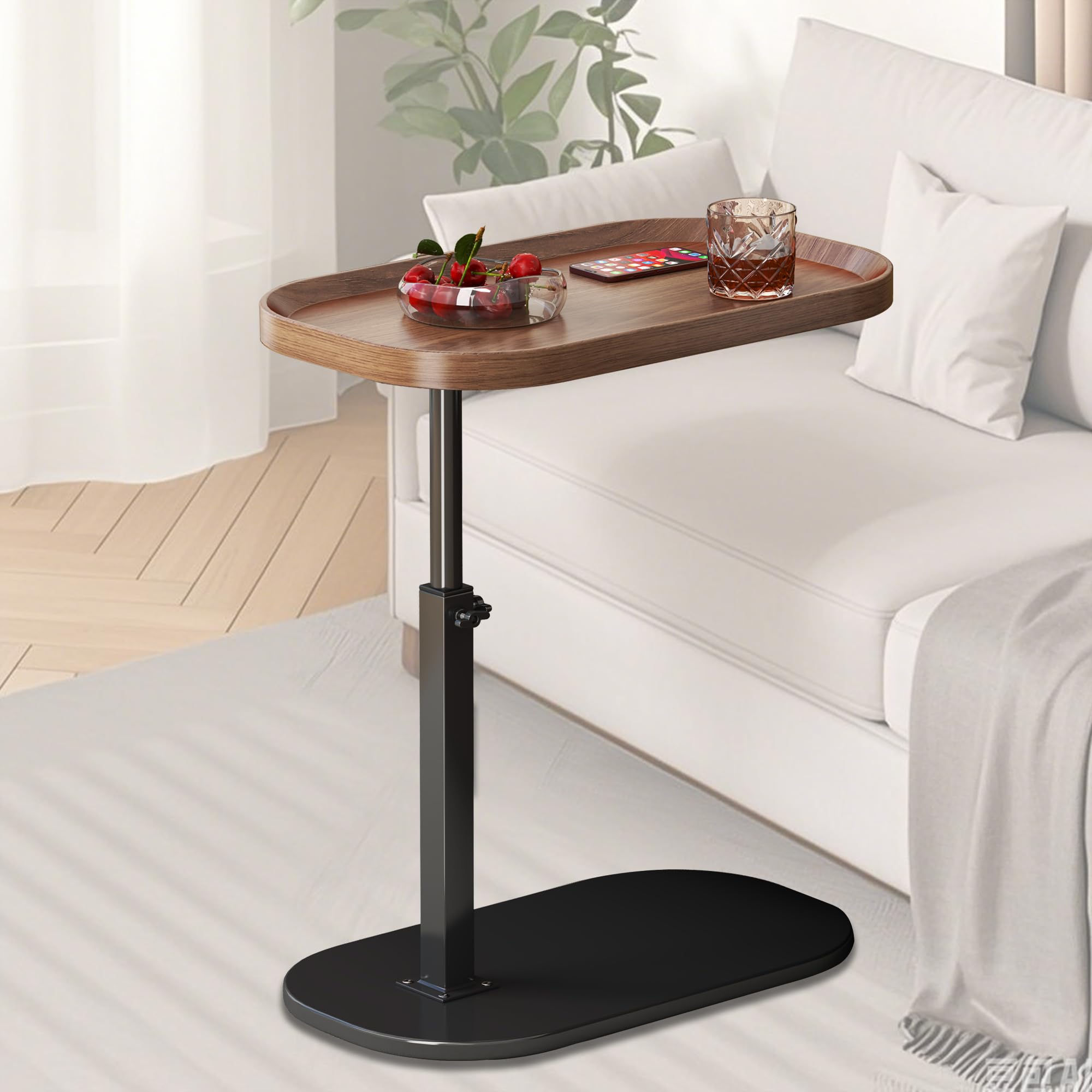 Adjustable Height C Shaped Side Table, Lift up Laptop Tv Tray for Sofa and Bedside, 360°Swivel Small Coffee C Table, Modern Under Sofa Table