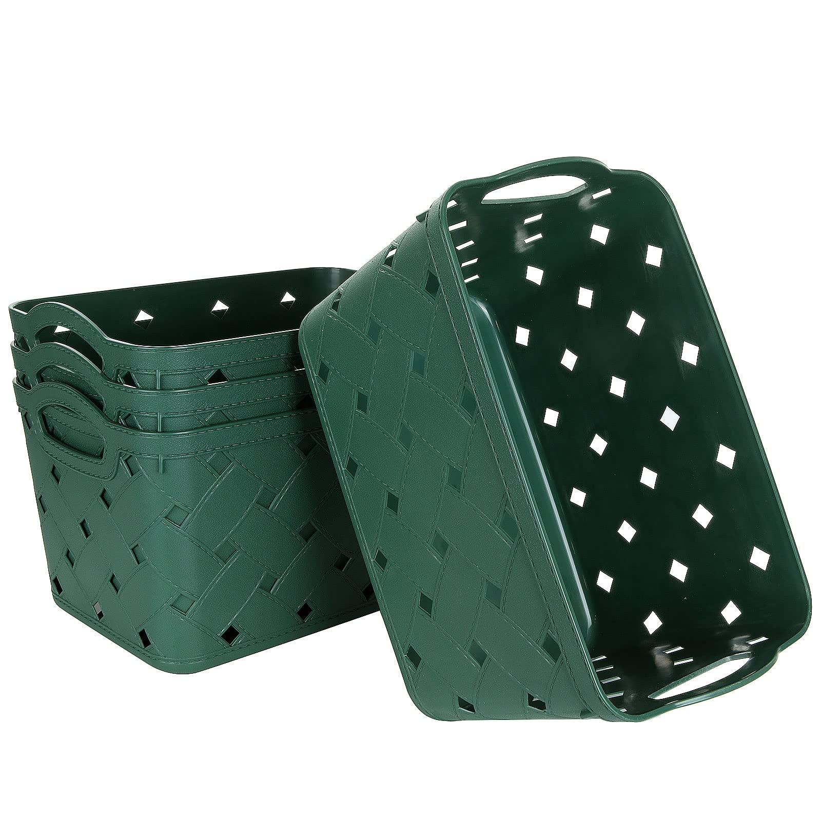 ASelected 4 Pack Plastic Woven Storage Basket With Handles, Middle 27.5x18.5x17.5cm, Beautiful Fashionable, Skin Pattern Cross Woven, For Kitchen