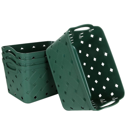 ASelected 4 Pack Plastic Woven Storage Basket With Handles, Middle 27.5x18.5x17.5cm, Beautiful Fashionable, Skin Pattern Cross Woven, For Kitchen