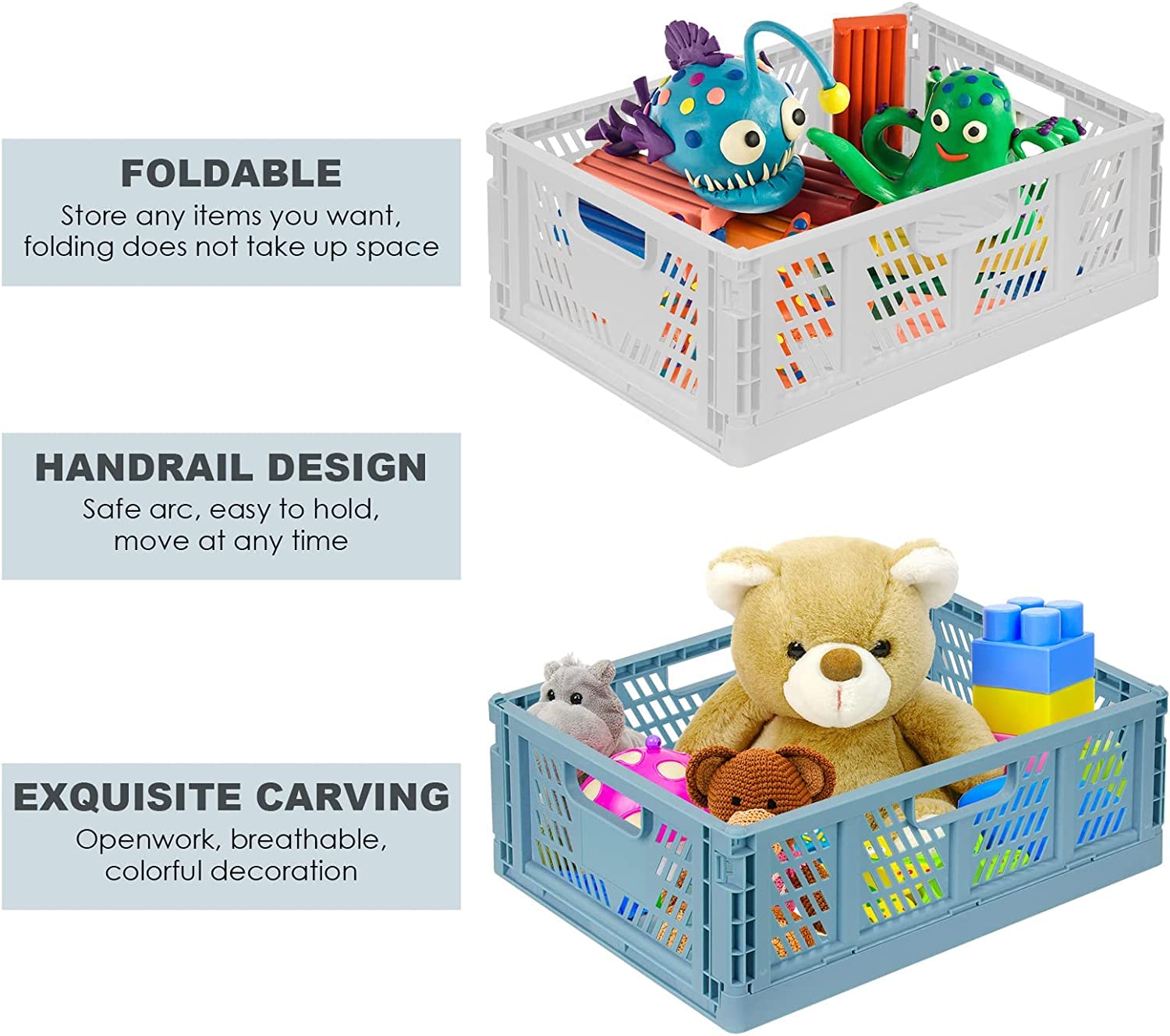 Bossjoy 4 Pack Plastic Storage Crates Foldable Shelf Storage Basket Bins for Food Fruit Vegetables Snacks Toys Toiletries