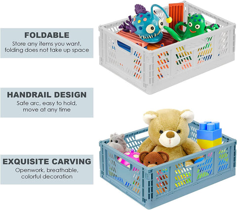 Bossjoy 4 Pack Plastic Storage Crates Foldable Shelf Storage Basket Bins for Food Fruit Vegetables Snacks Toys Toiletries