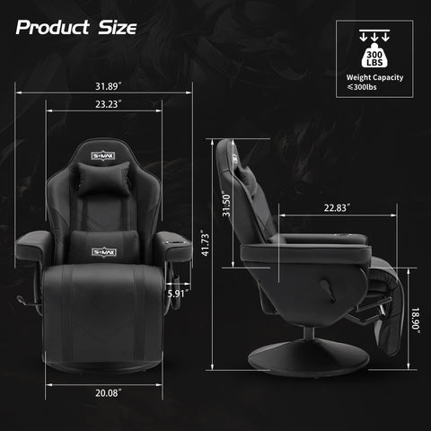 S*MAX Gaming Recliner Chair Ergonomic High Back Wide Lumbar Support Swivel PU Leather Cup Holder Adjustable Backrest Footrest Gaming Chair for Adults