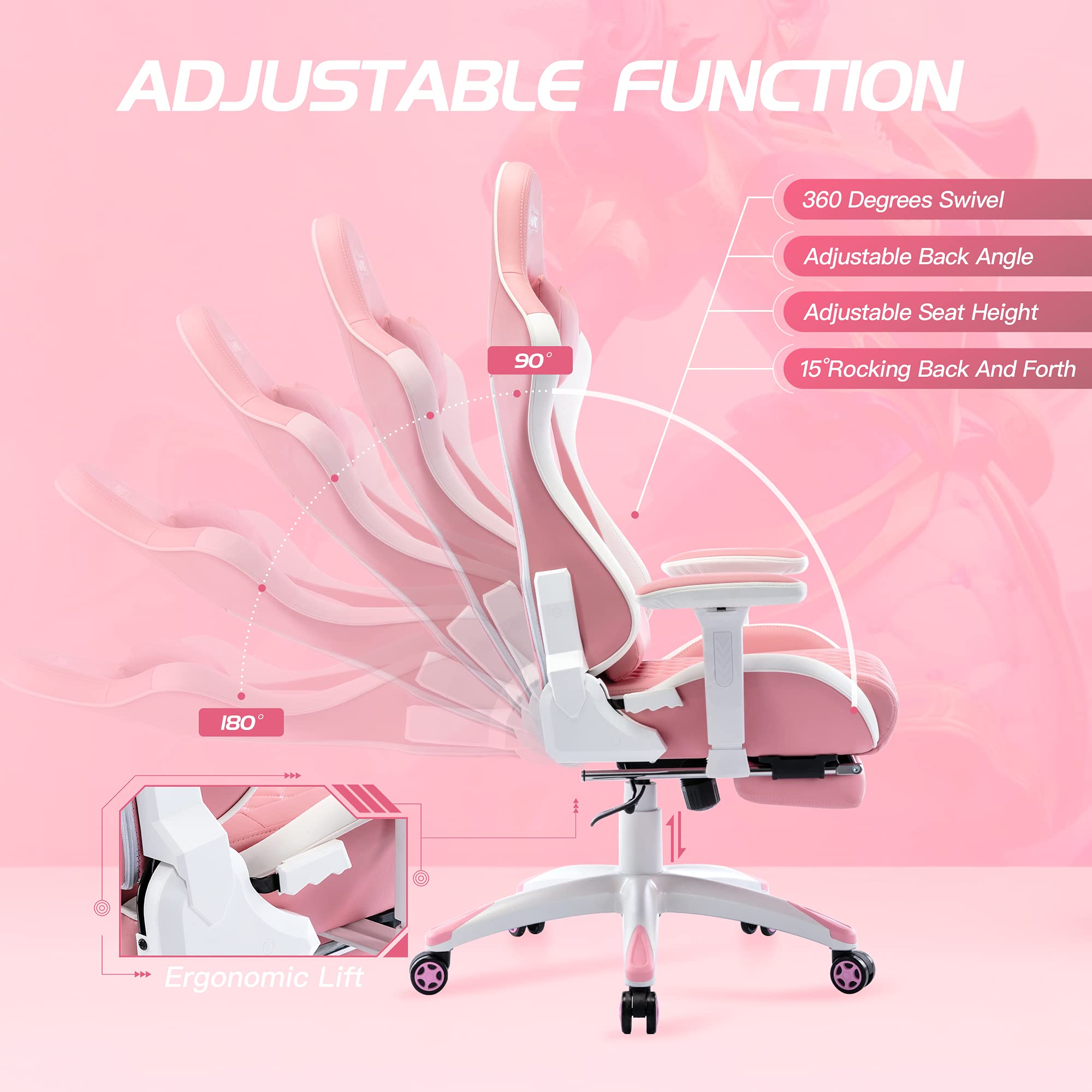 S*MAX Pink Gaming Chair with Footrest Thicken Seat Ergonomic Gaming Chairs with 3D Armrest PU Leather Headrest and Lumbar Support Racing Style High